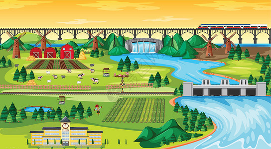 巫家坝具有坝边景观场景卡通风格的农田镇和学校及桥梁空中列车天空房子风景植物动物插图场地农业建筑动物群插画