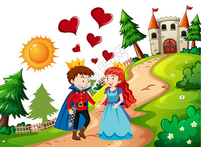 公主王子王子和公主与自然场景中的城堡建筑叶子卡通片绘画生态墙纸环境堡垒树叶植物插画