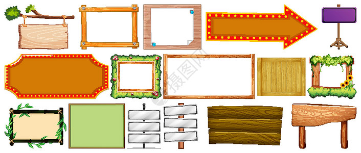 木制指示牌各种类型的标志旗帜一套交通植物艺术边界木头插图框架夹子卡通片广告牌插画