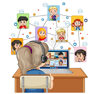 看电脑的在白色背景下看电脑进行在线学习的女孩的后视图设计图片