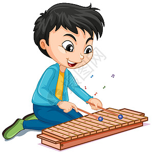 一个男孩在白色背景上演奏木琴的性格爱好少年教育孩子学习时代男孩们剪贴学生音乐设计图片