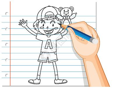 骑着铅笔的男孩手写的男孩抱着泰迪熊 outlin设计图片