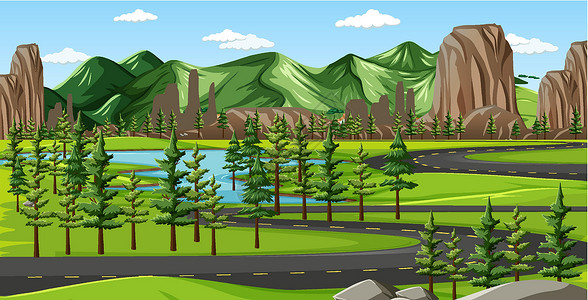 卵石路绿色自然景观背景环境艺术森林街道木头溪流绘画树叶卡通片植物插画