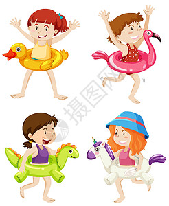 一组在水中隔离带游泳圈的孩子插画