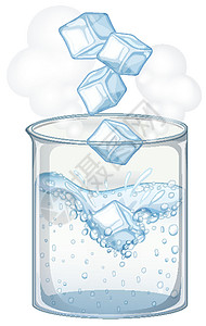 水飞溅白色背景上带冰和水的烧杯插画