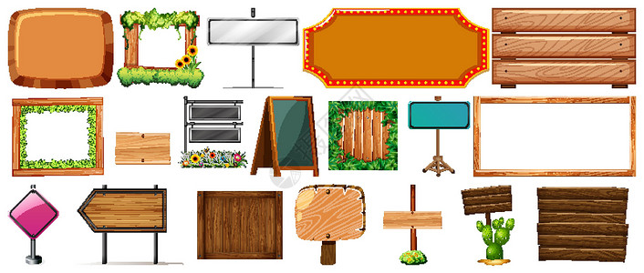 木制指示牌各种类型的标志旗帜一套收藏夹子卡通片插图艺术植物木头团体指示牌框架插画