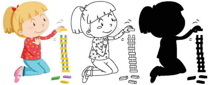 女孩在玩积木在颜色和轮廓和剪影中玩积木的女孩设计图片