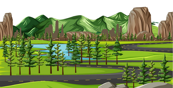 卵石路绿色自然景观背景场景液体卡通片卵石植物森林插图天空绘画岩石插画