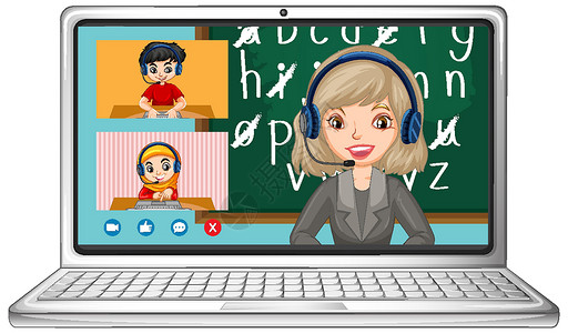儿童网站素材白色背景笔记本电脑上的学生视频聊天在线屏幕国籍教育互联网学习技术朋友们孩子插图网站朋友设计图片