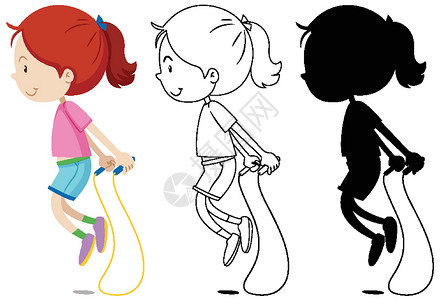 玩跳绳的孩子女孩跳绳与它的轮廓和 silhouett设计图片
