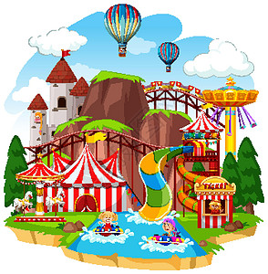欢乐园植树节有许多游乐设施和滑水道的主题公园场景游乐园游乐场快乐喜悦活动骑术公园节日欢乐园娱乐插画
