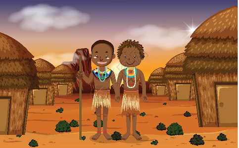 非洲村庄自然背景中穿着传统服装的非洲部落民族社区卡通片环境衣服女性村庄文化插图男性男人插画
