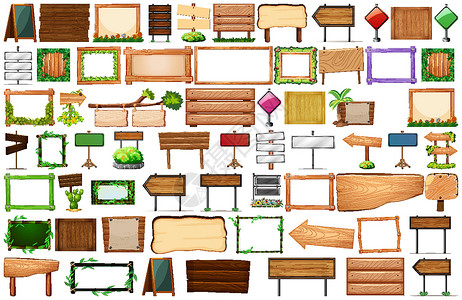 木制指示牌各种类型的标志旗帜一套广告牌边界框架绘画卡通片收藏空白指示牌交通木头插画