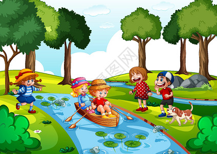 好粥道两个孩子在瀑布上划船 和他们的朋友在白色背景下划船插画