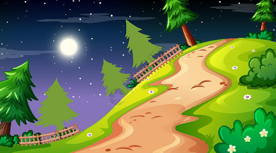 夜景中空白的自然公园景观 有穿过草地的小路森林黑暗国家绘画横幅卡通片风景插图天空月亮背景图片