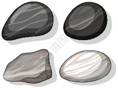 卵石白色背景上孤立的一组不同的石头形状插画