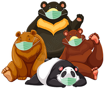 四种类型的熊卡通人物穿着 mas夹子荒野动物群动物艺术插图卡通片哺乳动物生物绘画灰熊高清图片素材