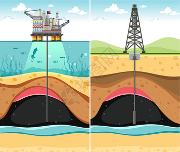 通过陆地和海洋钻油井到地下石油背景图片