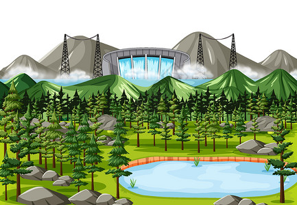 国家电投有水坝背景的场景草地卵石力量天空风景木头溪流绘画艺术插图插画