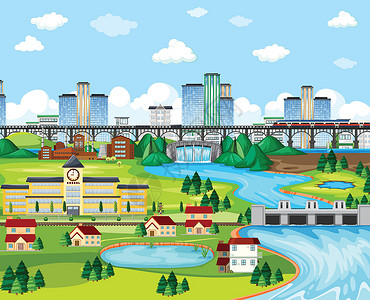 巫家坝具有坝边景观场景卡通风格的城市 学校和天空火车桥插画