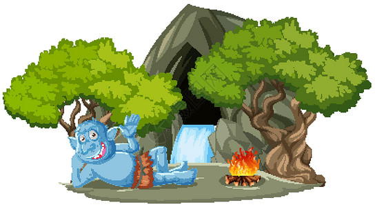 小妖精或巨魔躺在石洞前 树卡通风格与白色背景隔离背景图片