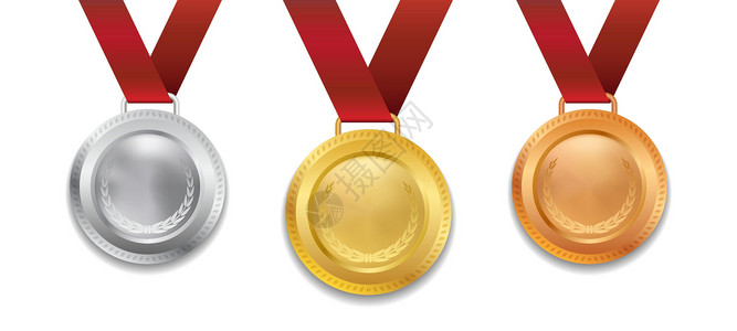 一套逼真的 3d 冠军金银牌和铜牌与红丝带矢量它制作图案标签运动证书金子金属竞赛比赛成就插图花圈插画