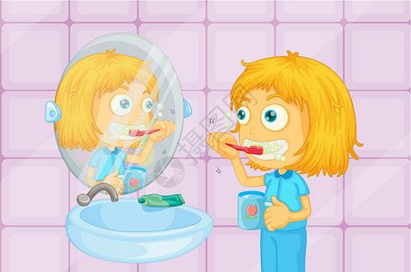 女子浴室刷牙刷牙房间牙齿女孩镜子瓷砖卫生金发女郎刷子蓝色健康设计图片