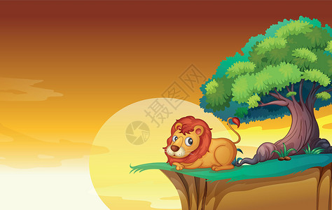 金吉拉猫狮子狮射线太阳日落橙子卡通片草地悬崖天空植物荒野设计图片
