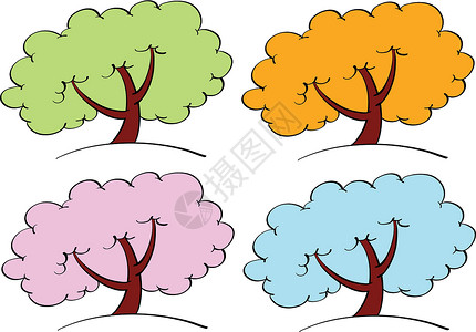 衬托四季树树干漩涡树木土壤绘画卡通片曲线树叶草图季节性设计图片