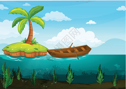 棕榈树和划艇木头草图天空植物材料蓝色空格处热带海藻运输背景图片