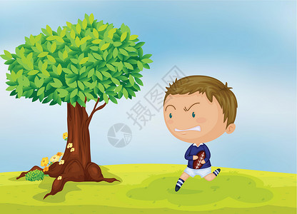 一个男孩和一个树卡通片树叶植物草图跑步男人动物群男性花朵孩子背景图片