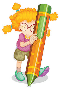 拿着橙子的女孩拿着铅笔的女孩女性卡通片头发教育金色学习眼镜橙子草图蜡笔设计图片