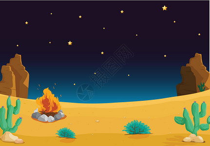 占星学沙漠地区天文学沙漠场景植物岩石星星卡通片火焰悬崖黄色插画