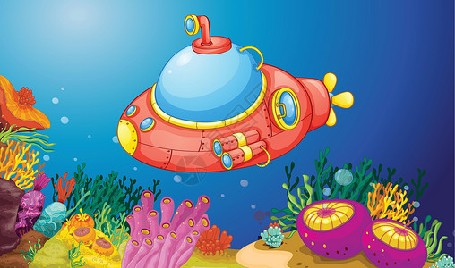 潜水艇探险家运输剪贴潜艇动物卡通片杂草气泡海葵探索背景图片