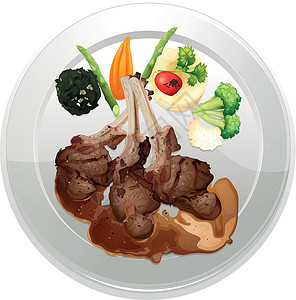 胡萝卜羊肉食物和dis盘子艺术绘画营养午餐餐具夹子用餐炊具服务插画