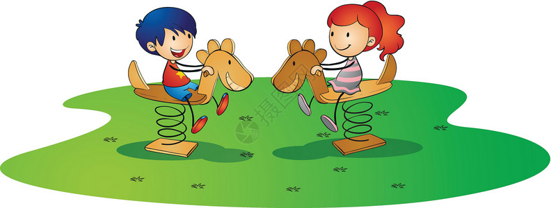 玩物儿童在弹簧马上玩耍操场孩子们队友牧场好朋友男性乐趣女性玩具兄弟插画
