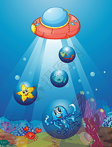 潜艇和鱼植物海星海蜇螃蟹气泡空格处海藻草图射线卡通片背景图片