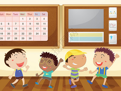 课堂男生男性跳跃日历孩子们学校卡通片男人朋友们学生学习背景图片