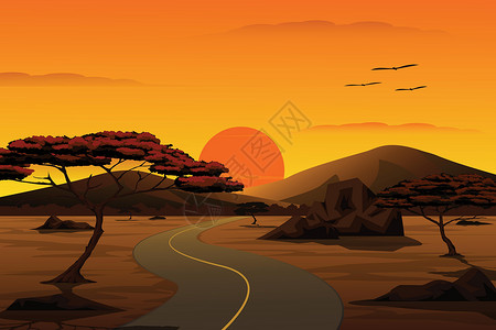 美国道路乡村景观的矢量卡通插图 日落时通往山谷的道路 背景是山和天空插画