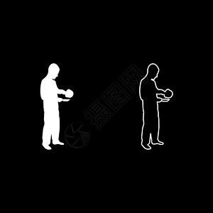 男性烹饪用盐水浇在板状双光灯白色颜色矢量显示的固体轮廓风格图像中 倒在盘子上的水杯汁餐饮餐厅菜单厨房钢包服务碟子长椅食谱沙锅设计图片