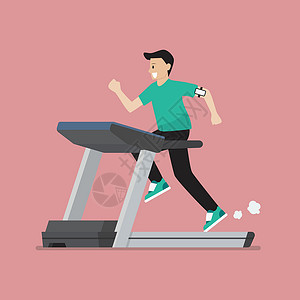 运动疲劳男人在跑步机上奔跑短跑腰带耐力运动饮食男性俱乐部插图有氧运动机器插画