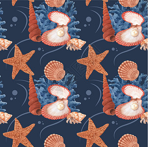 海洋生命概念设计水彩色矢量插图的格局海洋异国野生动物珊瑚鲨鱼水族馆卡通片热带乐趣动物插画