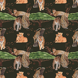 豹与热带草原野生生物概念设计水彩色插图的无缝模式野猪水彩野猫斑马狒狒哺乳动物动物水牛狮子丛林插画
