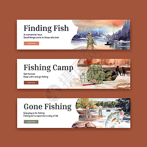带有渔营概念 水彩色风格的板条模板手绘俱乐部钓鱼旅游插图动物比赛野生动物娱乐海鲜背景图片