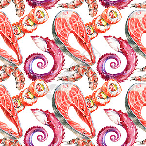 章鱼触手海产食品彩色铅笔插图手绘艺术卡通片海苔墙纸国家绘画触手寿司鳟鱼背景
