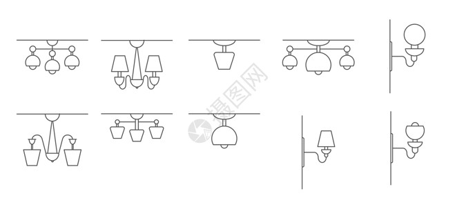 吸顶灯用于壁孔 墙和天花板灯的矢量图标集 插图 以白色背景隔离 简单线性设计 平面设计插画