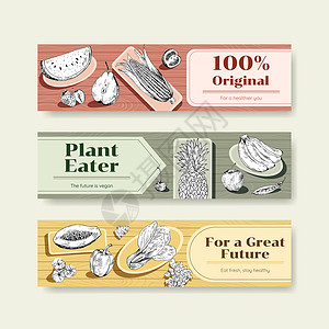 用于广告和营销水彩矢量插图的素食食品概念设计横幅模板饮食手绘蔬菜草图产品草本植物绘画植物食物背景图片