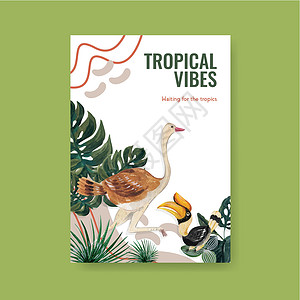 具有热带当代概念设计的海报模板 用于广告和营销水彩矢量图案制作装饰品植物动物情调森林丛林插图异国叶子背景图片