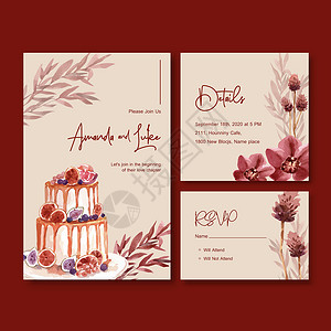带有秋花概念设计的婚礼卡模板和邀请卡水彩插图邀请函植物学婚姻植物花园绘画卡片背景图片