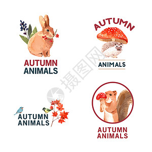 标志与秋季森林和动物概念设计品牌和营销水彩矢量插图季节狐狸植物兔子橙子蜗牛叶子卡通片猫头鹰绘画背景图片
